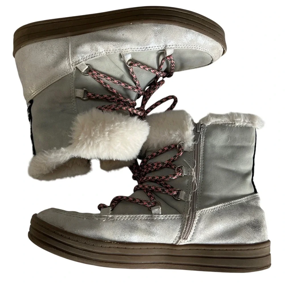 SPROX Kids Cozy Fur Lined Snow Boots Gray Pink Laces‎ Stars Side Zip